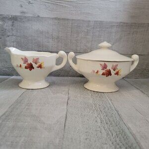 Vintage Creamer & Sugar Bowl Set With Autumn Leaf Design